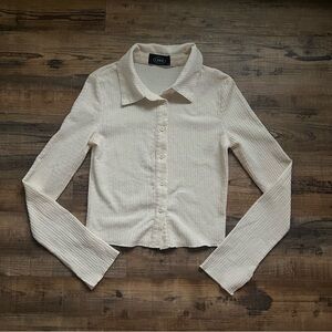 Cider Womens Cream/Beige Textured Long Sleeve Collared Button Down Crop Top Sz S